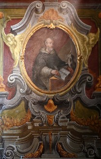 Medaglione di sinistra nella cappellla del Rosario, nella Chiesa di Santa Maria Assunta in Palmaro (Genova)