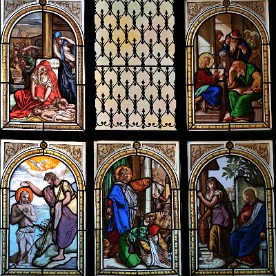 la strage degli innocentim Gesù ritrovato nel Tempio, il Battesimo di Gesù, la cacciata dal Tempio, al pozzo con la Samaritana