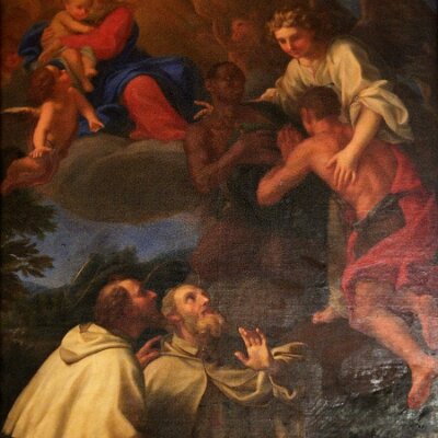 Madonna con Gesù Bambino venerata da S. Felice di Valois e Giovanni de Matha, mentre un angelo abbraccia due schiavi liberati (Domenico Parodi, 1668-1740) L'ordine dei Trinitari (Ordine della Santissima Trinità e redenzione degli schiavi)) fu fondato da Felice di Valois e Giovanni de Matha e approvato da Papa...