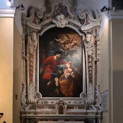 Martirio di Santa Barbara (Domenico Fiasella, 1622) in testata sinistra commissionato dalla corporazione detta dei Bombardieri (addetti alla costruzione e all'uso delle artiglierie)